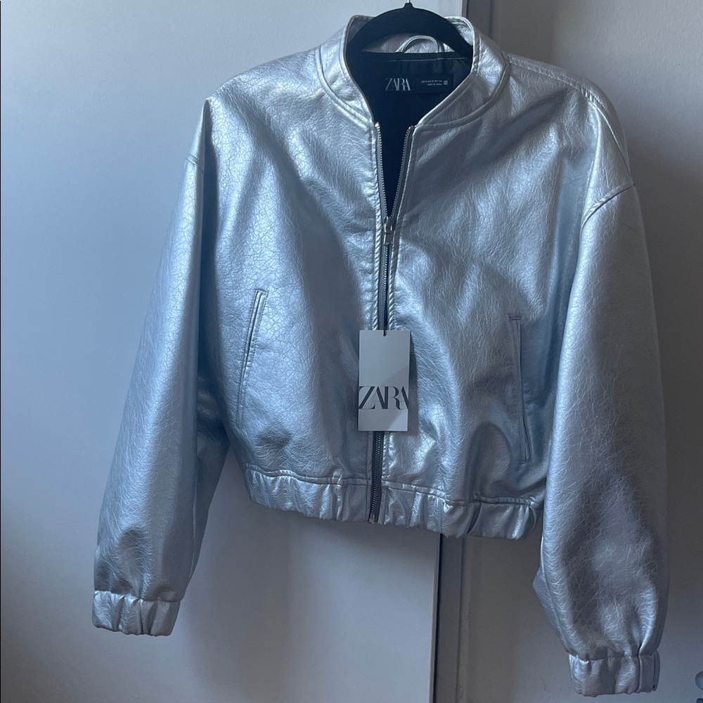 Zara Metallic Silver Bomber Jacket